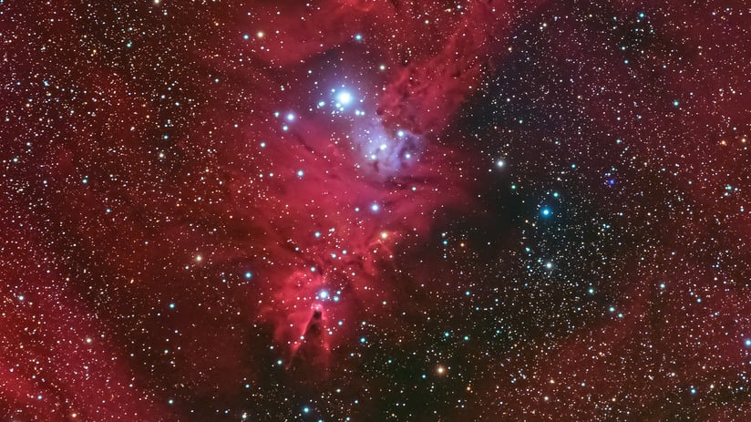 De kerstboomcluster NGC 2264 met daar direct onder de Kegelnevel, een donkere nevel. Tragoolchitr Jittasaiyapan