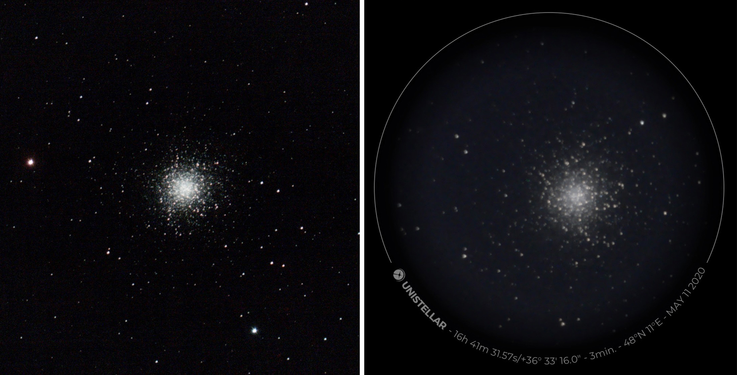 Vergelijking tussen de Stellina en eVscope op de bolvormige sterrenhoop M 13. Belichtingstijd: Vaonis 25 minuten, Unistellar 3 minuten.
 