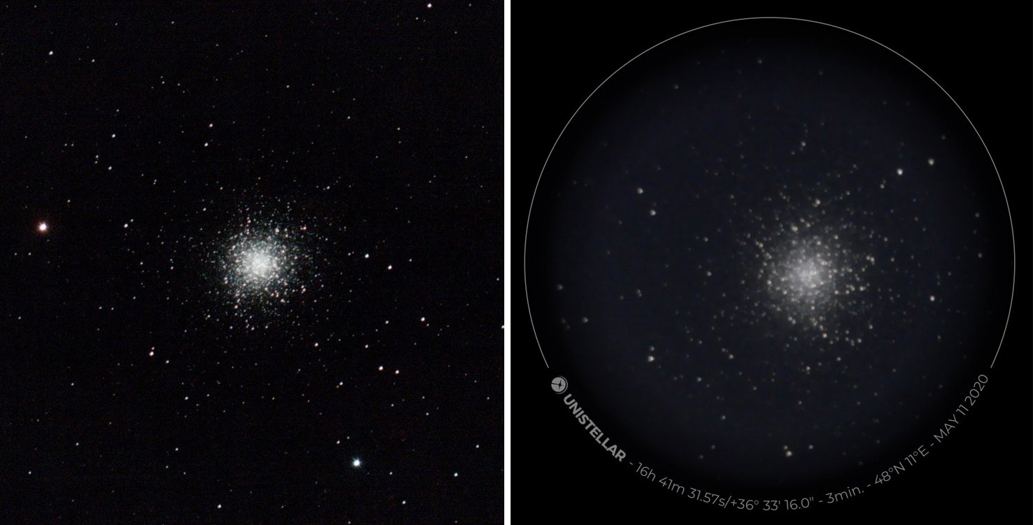 Vergelijking tussen de Stellina en eVscope op de bolvormige sterrenhoop M 13. Belichtingstijd: Vaonis 25 minuten, Unistellar 3 minuten.
 