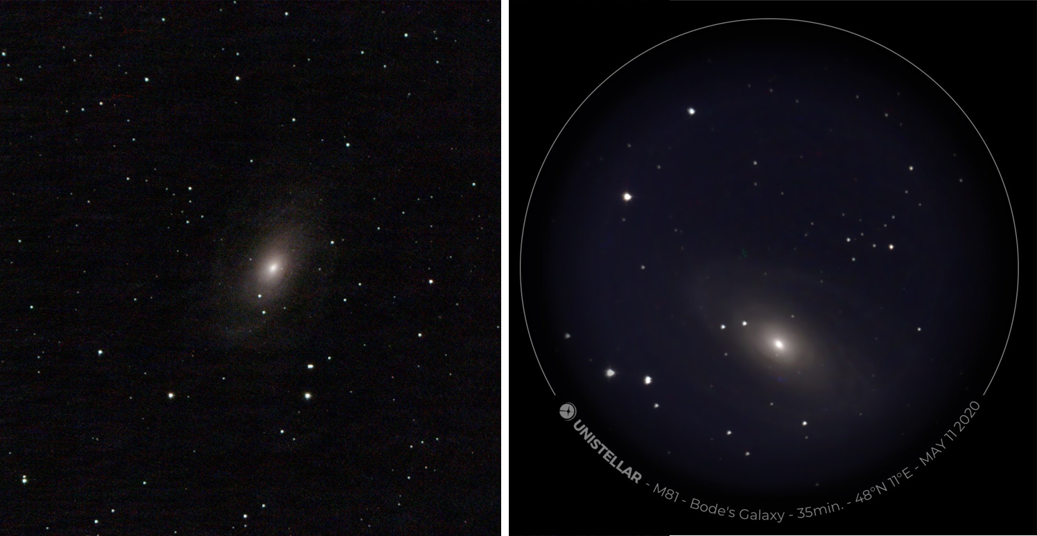 Vergelijking van de twee telescopen bij het melkwegstelsel M 81. Belichtingstijd: Vaonis 30 minuten, Unistellar 35 minuten.