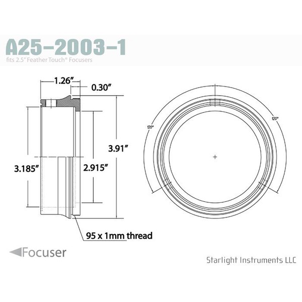 Starlight Instruments Adapter 2,5" - 95x1mm male schroefdraad, 0,9" L (dit is onze FTF25-serie Teflon-Coupled Collar)