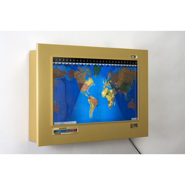 Geochron Original Kilburg wereldkaart, uitvoering in goud geanodiseerd aluminium, met goudkleurige sierlijst (Engels)