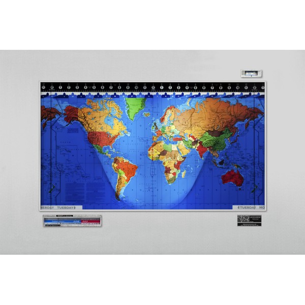 Geochron Original Kilburg wereldkaart, uitvoering in satijn geanodiseerd aluminium, met zilverkleurige sierlijst (Engels)