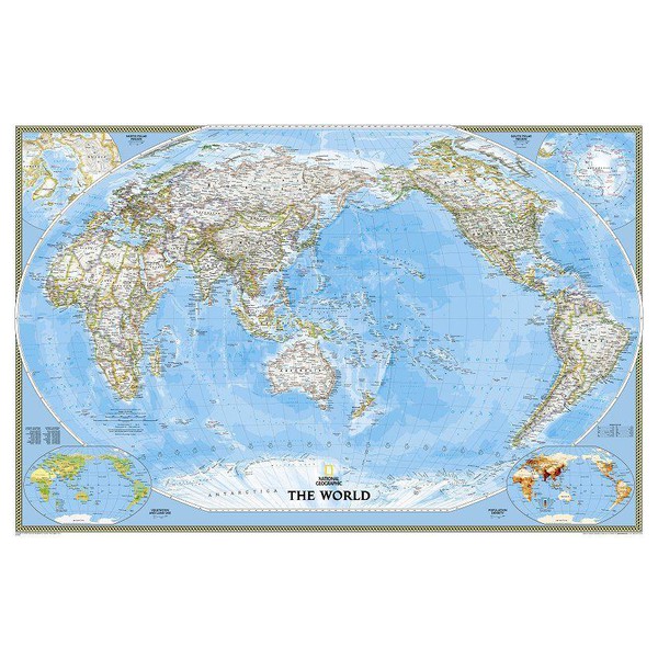 National Geographic Wereldkaart met de Stille Oceaan als centrum, groot (Engels)