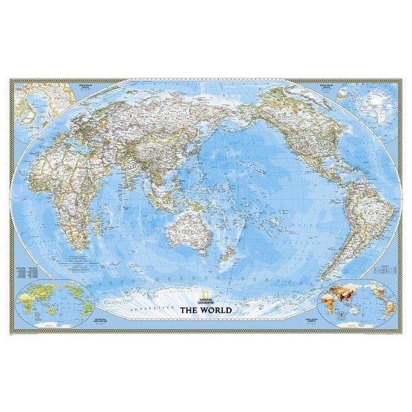 National Geographic Wereldkaart met de Stille Oceaan als centrum, groot (Engels)