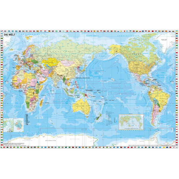 Stiefel Wereldkaart politisch pazifikzentriert mit Flaggenrand (98 x 68 cm)