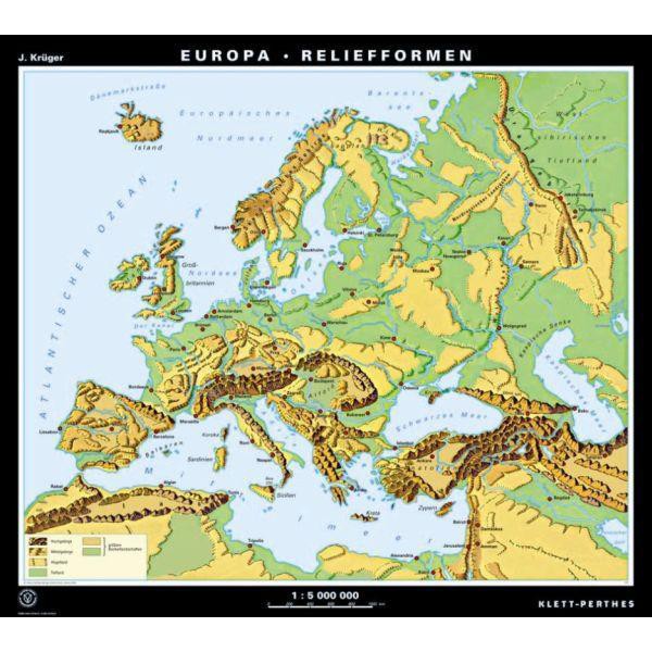 Klett-Perthes Verlag continentkaart Europa reliëf / landschapsvormen (P) 2-zijdig