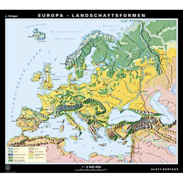 Klett-Perthes Verlag continentkaart Europa reliëf / landschapsvormen (P) 2-zijdig