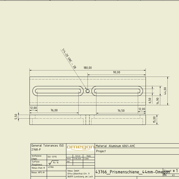 Omegon 180mm zwaluwstaart met schroef