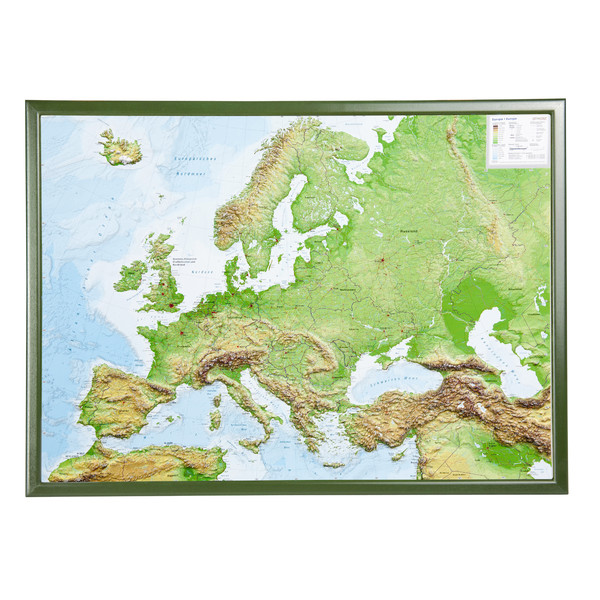 Georelief continentkaart Europa 3D reliëfkaart, groot, met houten frame (Duits)