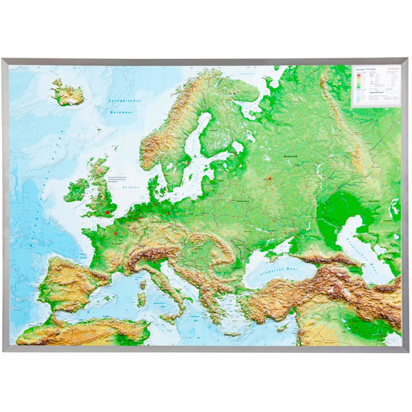 Georelief continentkaart Europa 3D reliëfkaart, groot, met aluminium frame (Duits)