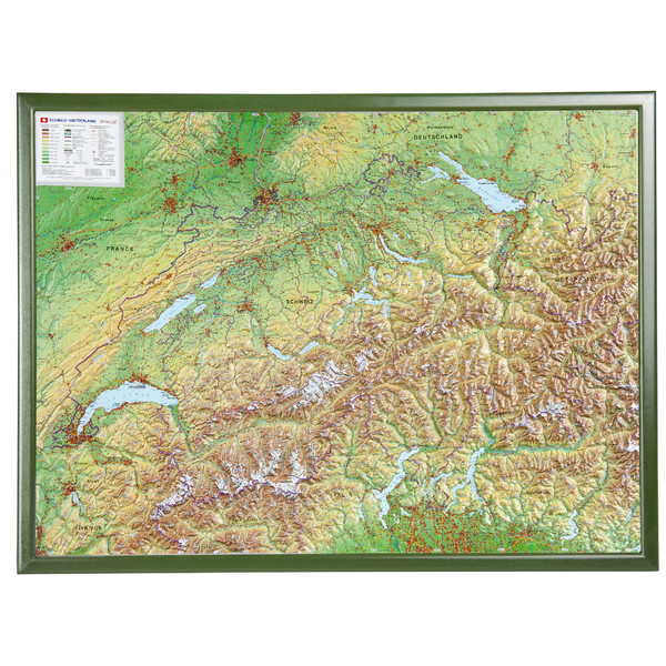 Georelief Zwitserland 3D reliëfkaart, groot, met houten frame (Duits)