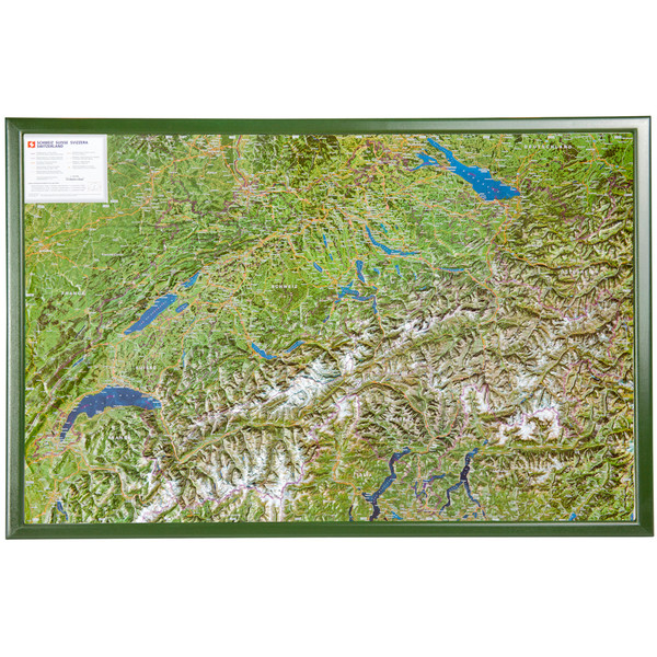 Georelief Kaart Zwitserland luchtfoto, met houten frame (Duits)