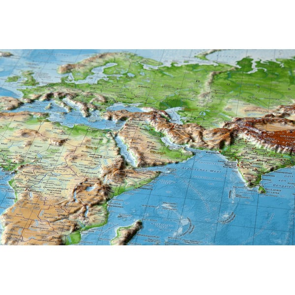 Georelief Wereldkaart 3D reliëf, groot, met houten frame