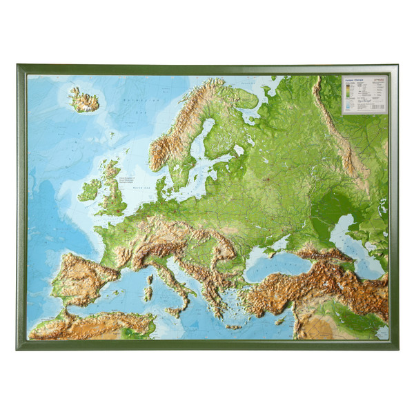 Georelief continentkaart 3D reliëfkaart Europa, groot, met houten frame (Engels)