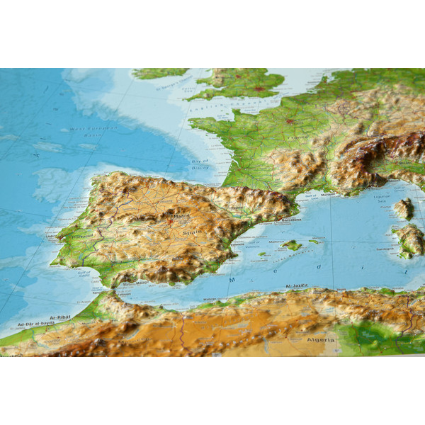 Georelief continentkaart 3D reliëfkaart Europa, groot, met houten frame (Engels)