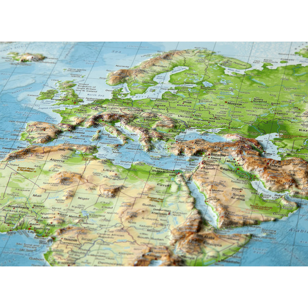Georelief Wereldkaart 3D reliëfkaart wereld, groot (Engels)