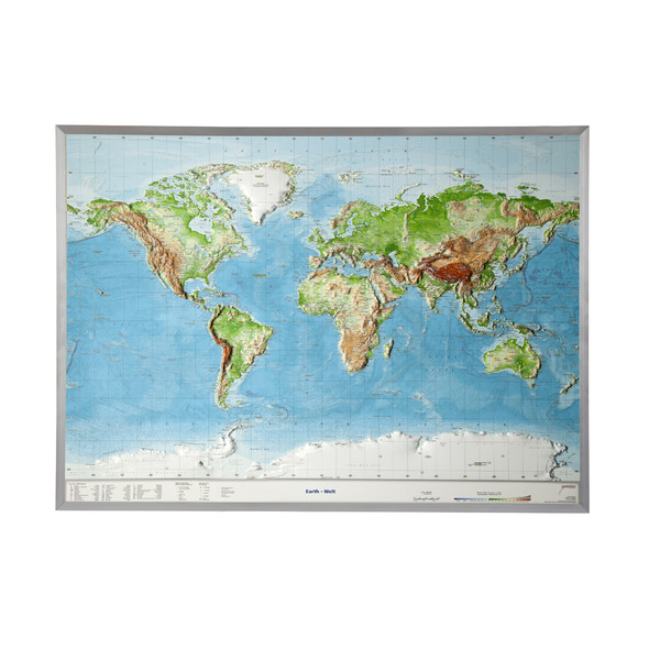 Georelief Wereldkaart 3D reliëfkaart wereld, groot, met aluminium frame (Engels)