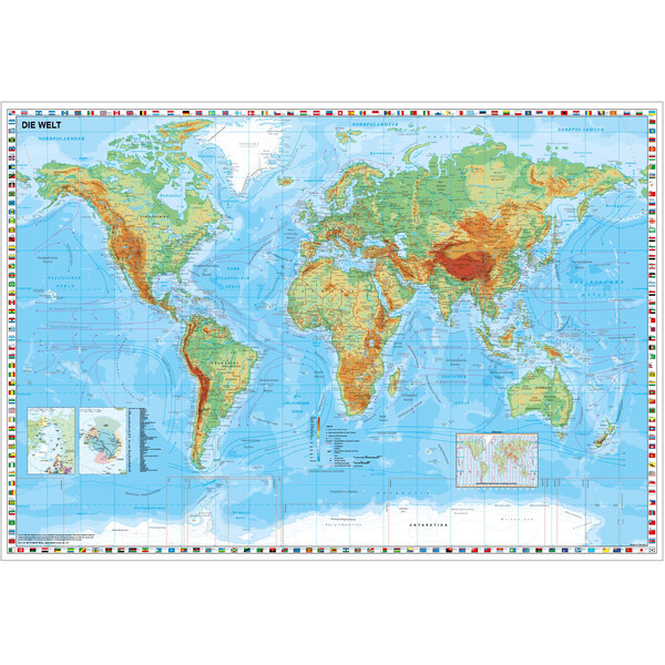 Stiefel Wereldkaart physisch mit Flaggenrand (95x62)