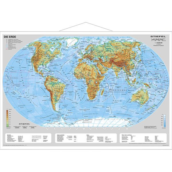 Stiefel Wereldkaart De aarde, fysisch, met metalen frame (Duits)