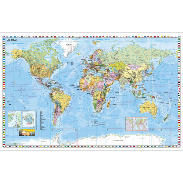 Stiefel Wereldkaart Wandkaart, met wit houten frame en koord (Duits)