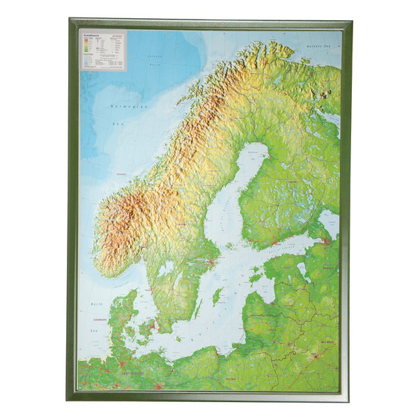 Georelief Scandinavische landen 3D reliëfkaart, groot, met zilveren kunststofframe (Duits)