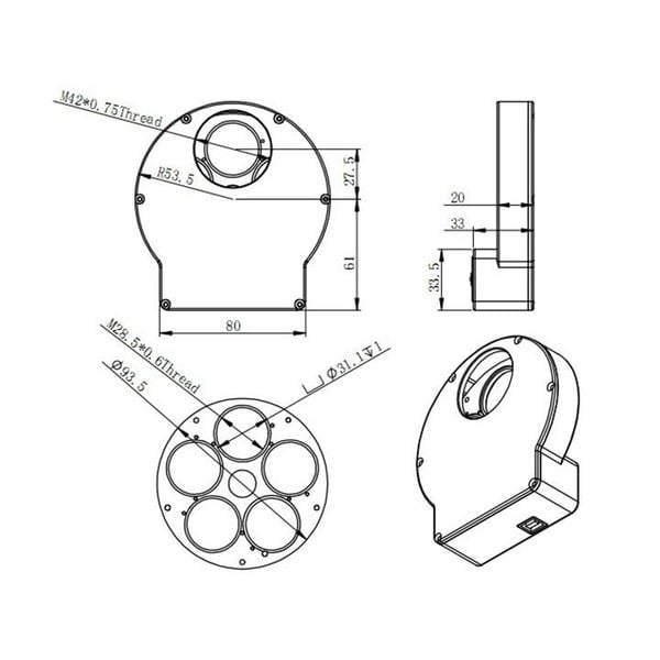 ZWO Gemotoriseerd filterwiel mini, 5x1,25"