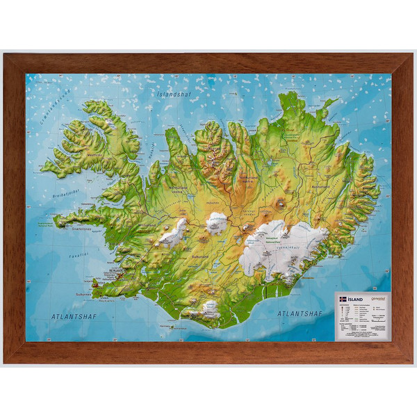 Georelief Kaart Island (klein) mit Holzrahmen, 3D Reliefkarte