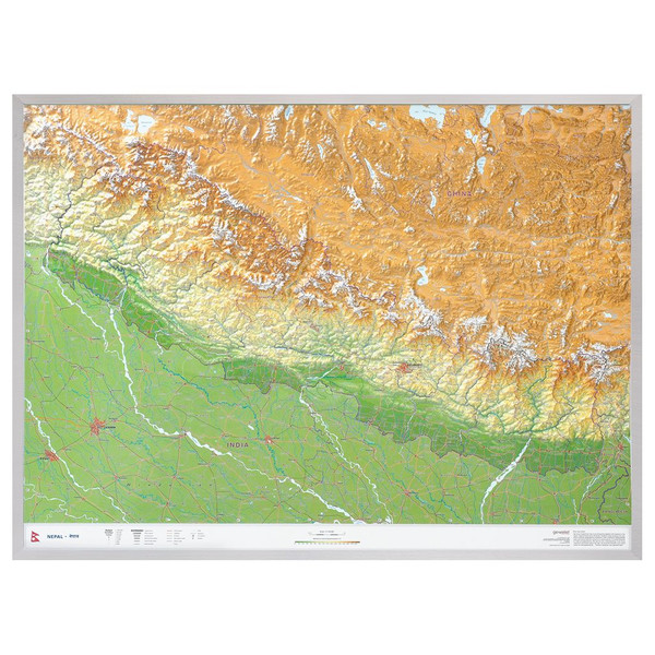 Georelief Regionale kaart Nepal groß 3D mit Aluminiumrahmen