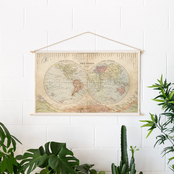 Miss Wood Wereldkaart Woody Cotton Map Rivers and Mountains