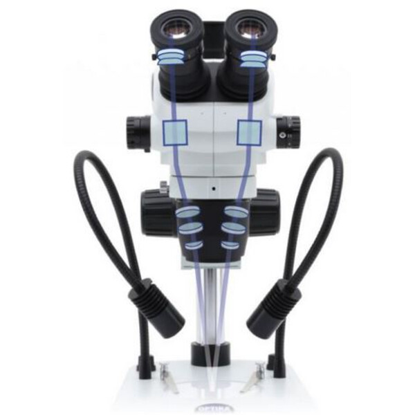 Optika Stereo zoom microscoop SZO-6 , trino, 6.7-45x, Säulenstativ, Auf-, Durchlicht, Doppelspot