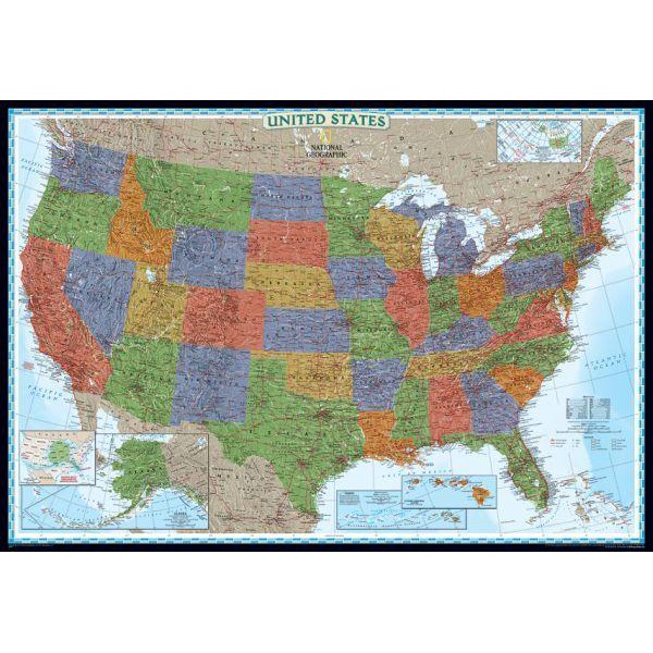 National Geographic Decoratieve VS-kaart, gelamineerd, politiek (Engels)