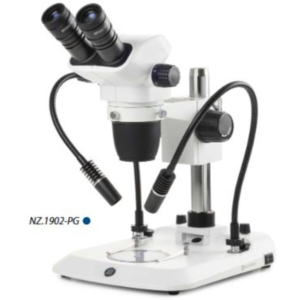 Euromex Stereo zoom microscoop NZ.1902-PG, 6.7-45x, zuil, 2 Zwanenhals, Doorgelaten licht, bino