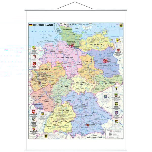 Stiefel Kaart Deutschland politisch mit Wappen (97 x 119 cm)