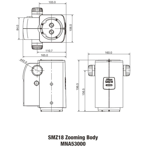 Nikon SMZ18, handbediend, parallelle optiek, achromaat, Zoomkop, bino, 7,5-135x, klikstop, verhouding 18:1, 15°