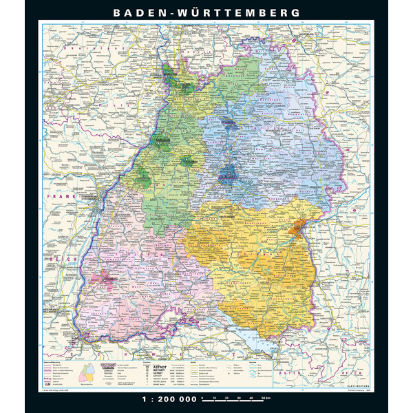 PONS Regionale kaart Baden-Wuerttemberg fysiek en politiek (148 x 168 cm)
