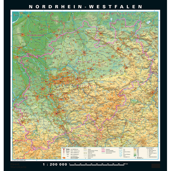 PONS Regionale kaart Nordrhein-Westfalen fysiek en politiek (148 x 155 cm)