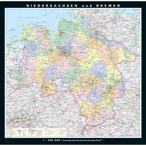 PONS Regionale kaart Niedersachsen und Bremen physisch/politisch (148 x 150 cm)