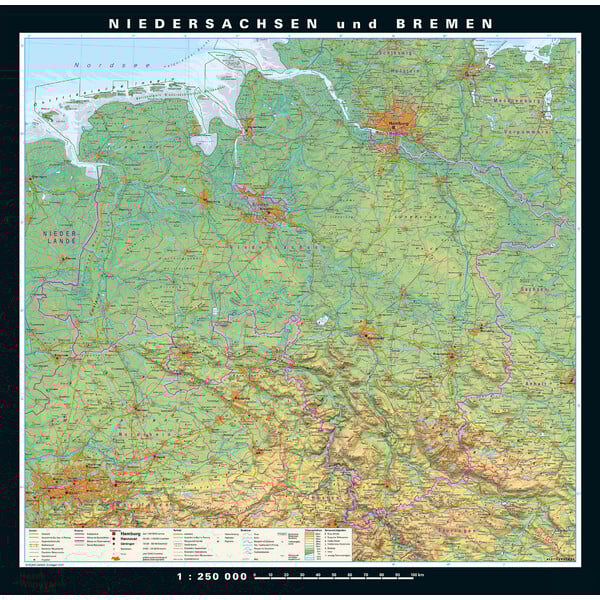 PONS Regionale kaart Niedersachsen en Bremen fysiek en politiek (148 x 150 cm)