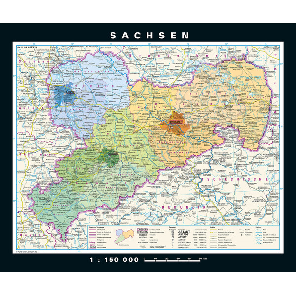 PONS Regionale kaart Sachsen physisch/politisch (176 x 148 cm)