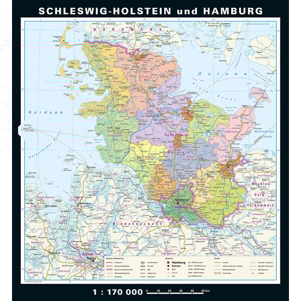 PONS Regionale kaart Fysiek en politiek Sleeswijk-Holstein en Hamburg (148 x 175 cm)