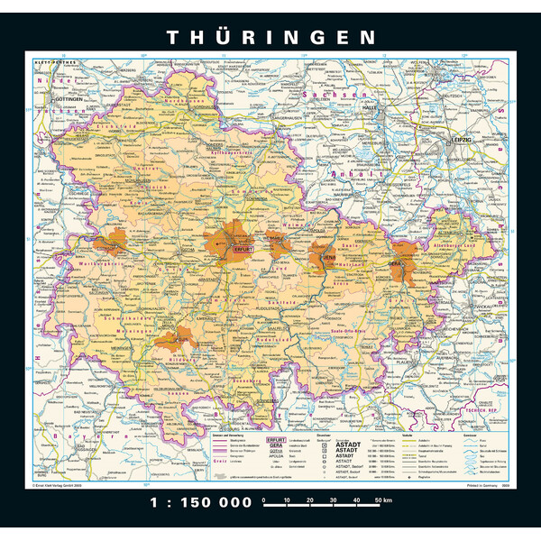PONS Regionale kaart Thüringen fysiek en politiek (148 x 150 cm)