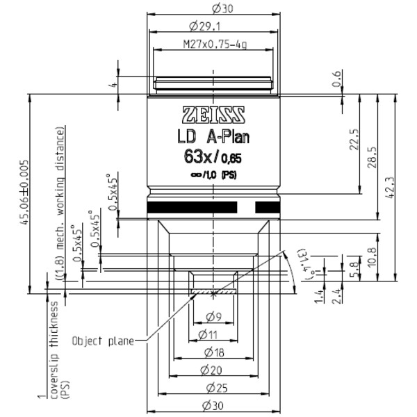 ZEISS Objectief LD A-Plan 63x/0.65 wd=1.8mm