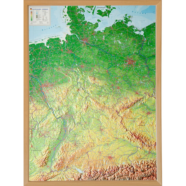 Georelief Duitsland 3D reliëfkaart, groot, met houten frame (Duits)
