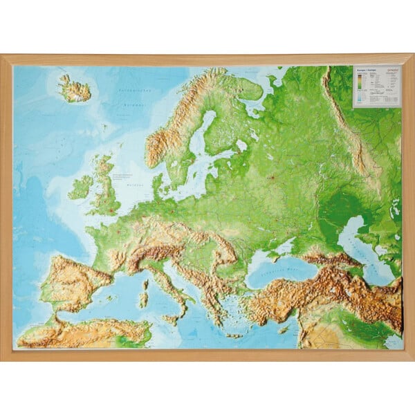 Georelief continentkaart Europa 3D reliëfkaart, groot, met houten frame (Duits)