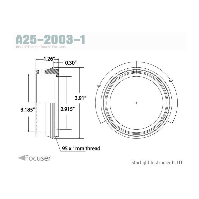 Starlight Instruments Adapter 2,5" - 95x1mm male schroefdraad, 0,9" L (dit is onze FTF25-serie Teflon-Coupled Collar)