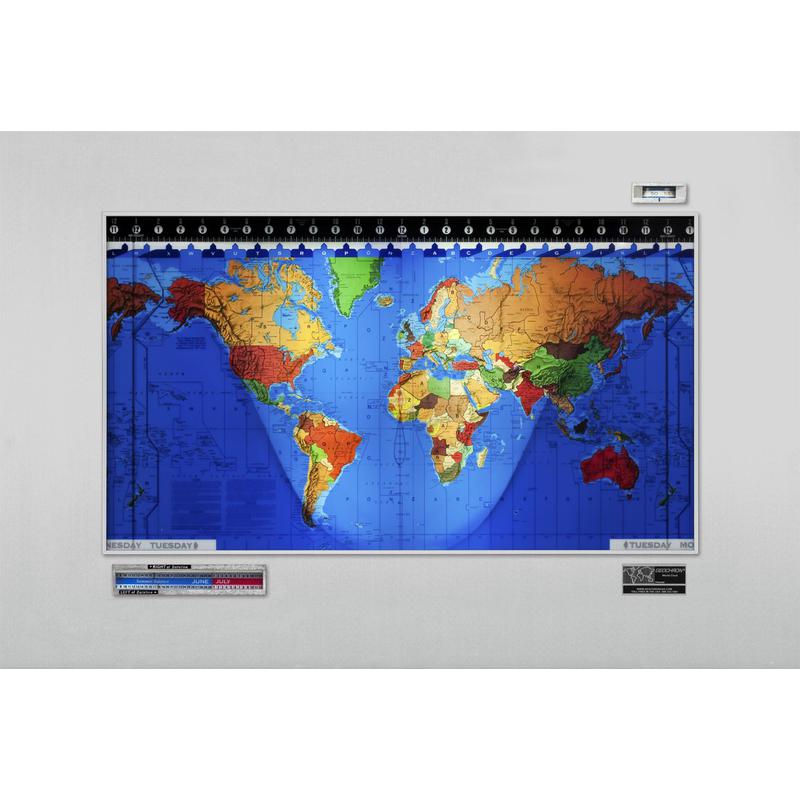 Geochron Original Kilburg wereldkaart, uitvoering in satijn geanodiseerd aluminium, met zilverkleurige sierlijst (Engels)