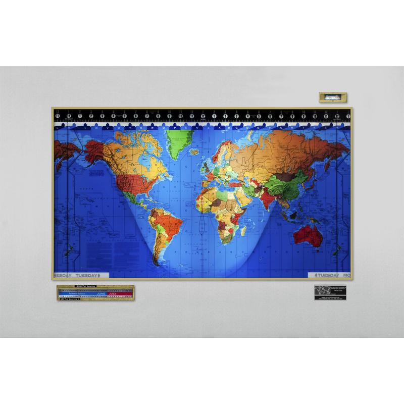 Geochron Original Kilburg wereldkaart, uitvoering in satijn geanodiseerd aluminium, met goudkleurige sierlijst (Engels)