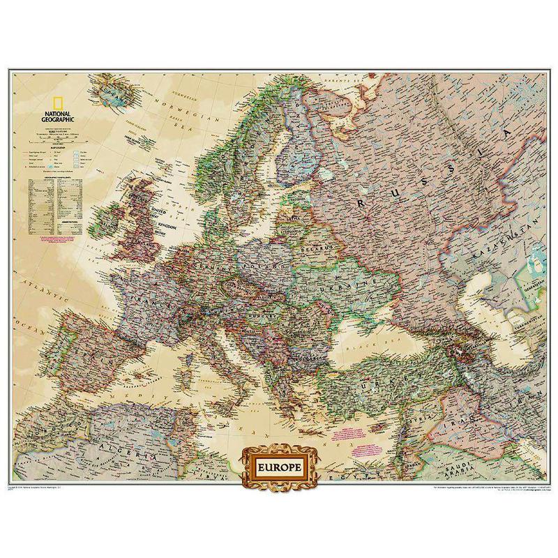 National Geographic continentkaart Antieke kaart van Europa, groot, politiek (Engels)