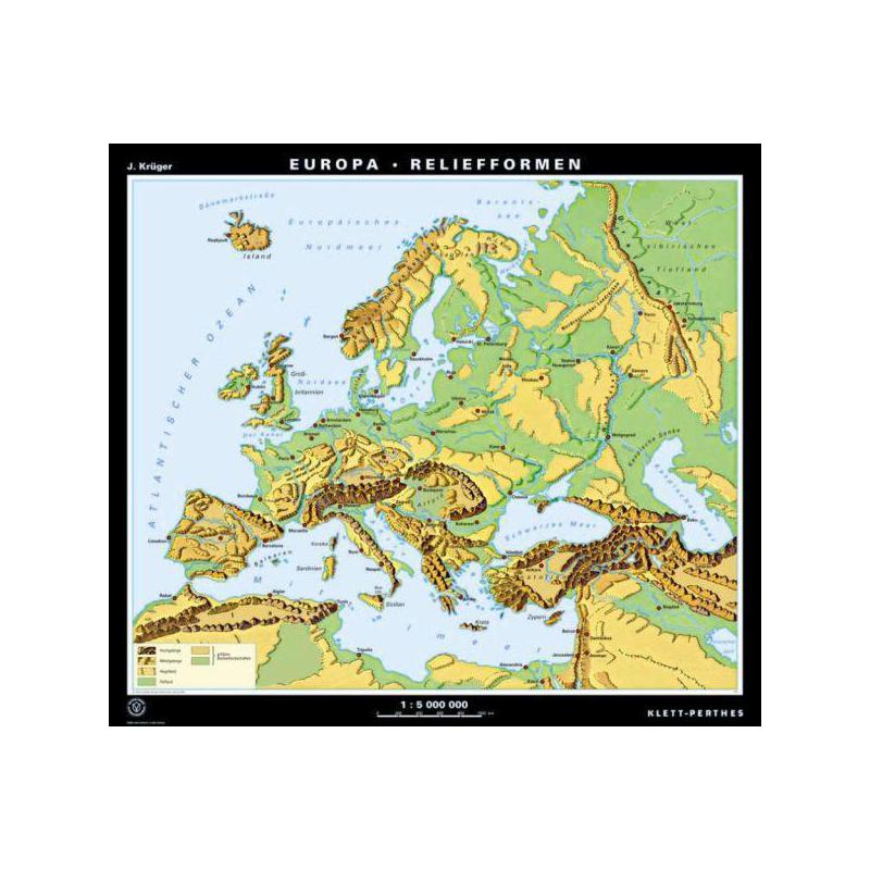 Klett-Perthes Verlag continentkaart Europa reliëf / landschapsvormen (P) 2-zijdig